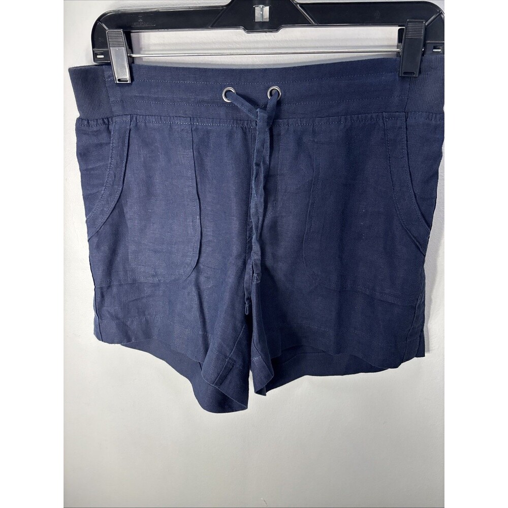 Athleta Womwens Linen Short Shorts Navy Blue Drawstring Waist Pockets Sz 2